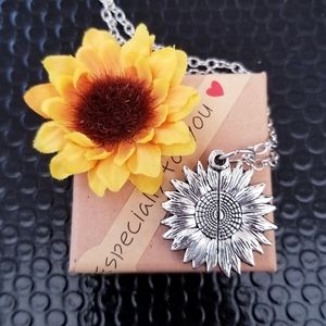 "You Are My Sunshine" Engraved Sunflower Silver Tone Pendant Necklace with Chain